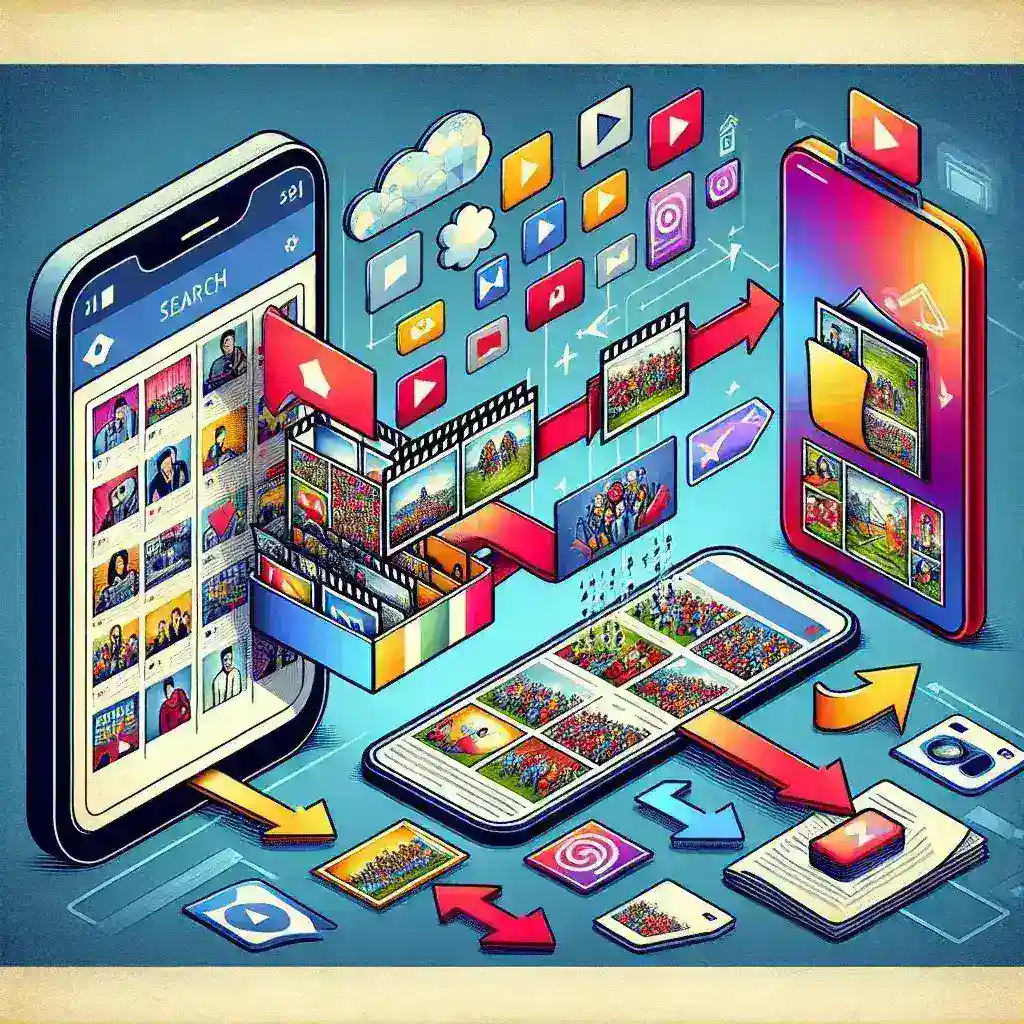 Illustration depicting digital media interaction with smartphones and various icons representing social media and multimedia content.