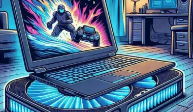 Laptop displaying gaming artwork with a console controller on a glowing platform.