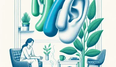 Illustration featuring a woman sitting in a chair with oversized ears floating above her in a stylized setting.