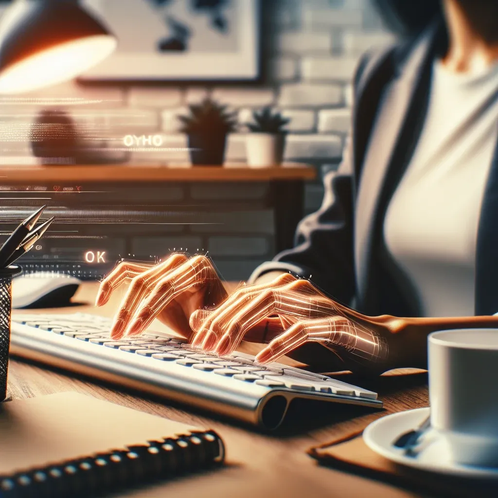 Hands typing on a keyboard with digital effects and glowing lines in a workspace setting.