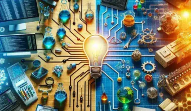 An illustration featuring scientific equipment and technology, including a light bulb, beakers, and computer screens.