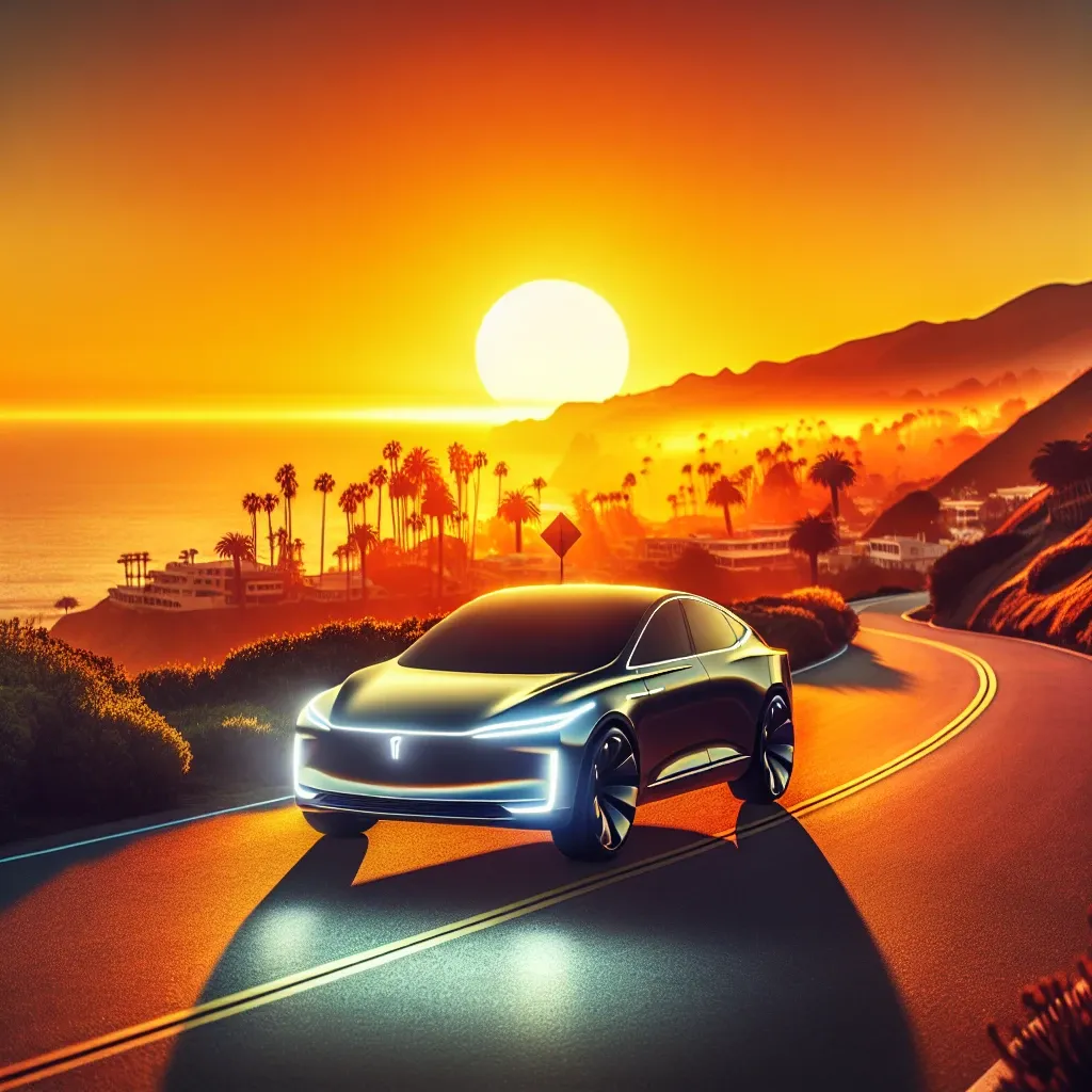"Tesla FSD Beta 12 dashboard interface displaying real-time navigation and autonomous driving features during a California test drive, highlighting advancements in self-driving technology."