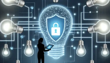"Person using a laptop to analyze smart lighting system security settings for potential hacking improvements"