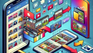 Illustration depicting digital media interaction with smartphones and various multimedia icons.