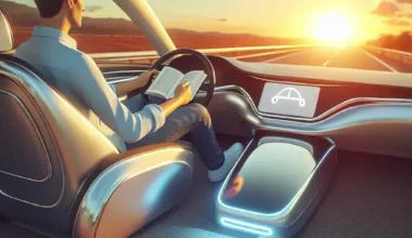 "Ford's Hands-Free Highway Driving technology demonstration with a sleek Ford vehicle navigating a modern highway, showcasing advanced driver-assistance features and innovative safety systems."