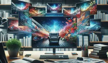 A workspace featuring multiple monitors displaying colorful abstract visuals and a central chair.