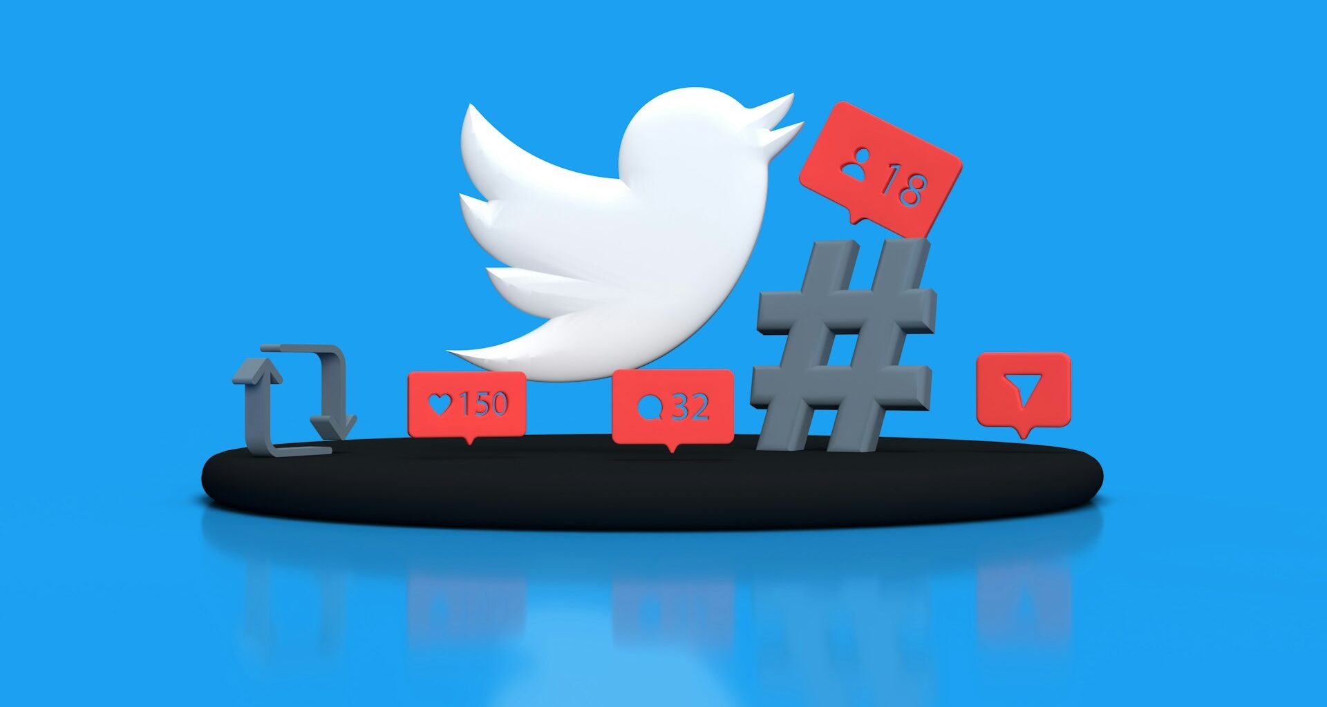 White Twitter logo with engagement icons including likes, comments, and shares on a blue background.