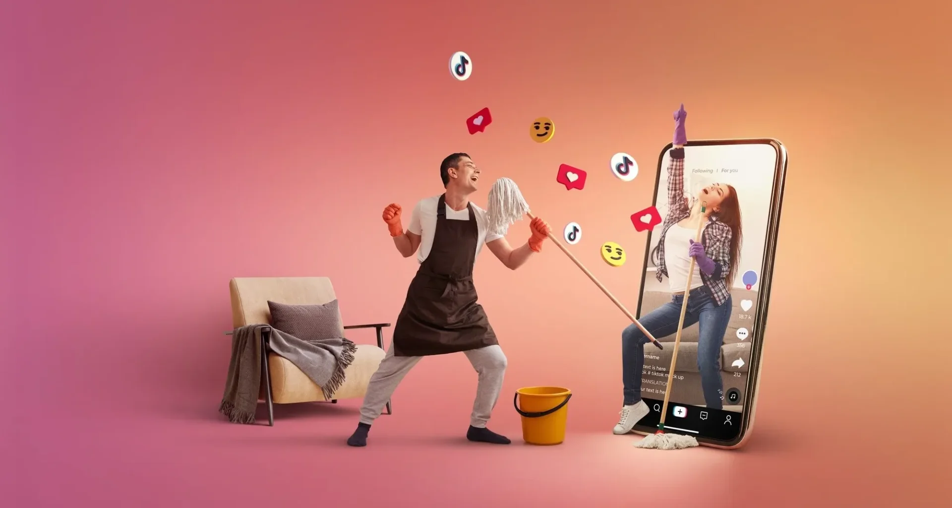 A man in an apron cleaning while interacting with a smartphone displaying social media icons and a woman.