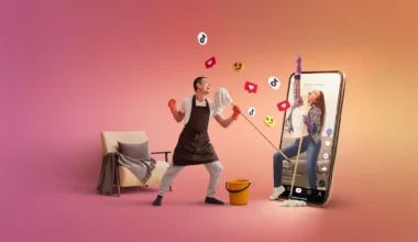 A man in an apron cleaning with a mop near a large smartphone displaying a woman and social media icons.