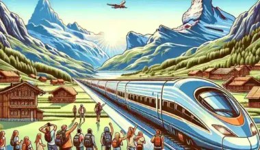 Illustration of a high-speed train traveling through a mountainous landscape with passengers waiting at the station.