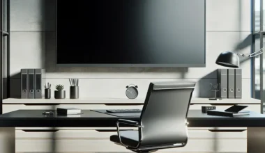A modern office workspace featuring a desk, ergonomic chair, and large wall-mounted screen.