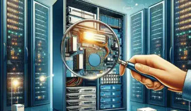 A hand holding a magnifying glass over a circuit board in a data center with server racks.