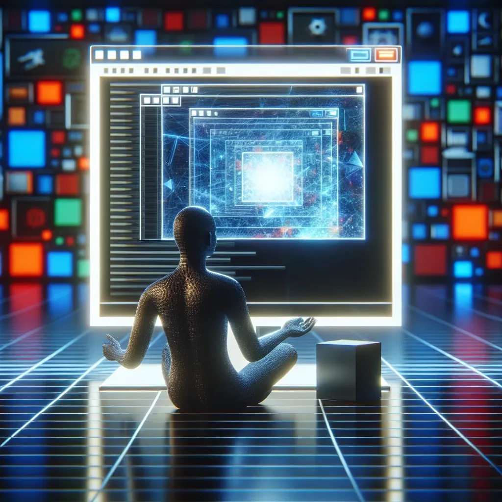 A digital representation of a figure meditating in front of a glowing screen displaying recursive patterns.