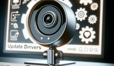 A silver webcam positioned on a desk in front of a computer screen displaying settings and updates.