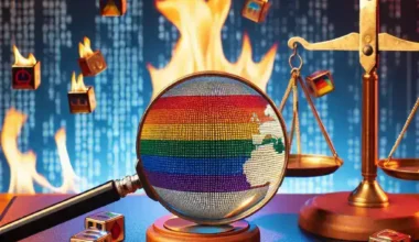 "Image illustrating critique of Meta's content moderation policies, highlighting concerns about transphobia in social media platforms, with a diverse group of individuals advocating for inclusivity and equality."