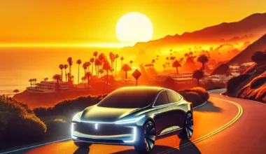 "Tesla FSD Beta 12 dashboard interface displaying real-time navigation and autonomous driving features during a California test drive, highlighting advancements in self-driving technology."