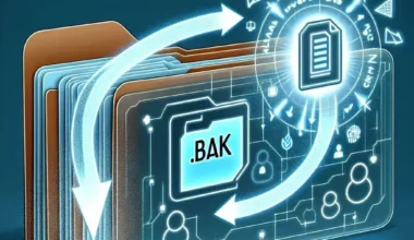 Illustration of a digital folder with a .BAK file and data transfer arrows.