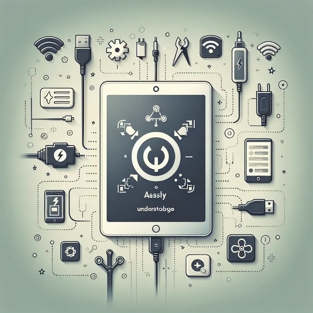 Illustration of a tablet with various technology-related icons surrounding it, including chargers and signals.