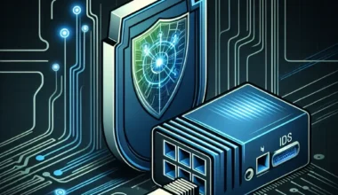 Illustration of a cybersecurity shield and a network device with circuit patterns in the background.