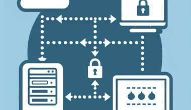 Illustration depicting network security with cloud, server, and devices connected by arrows and locks.