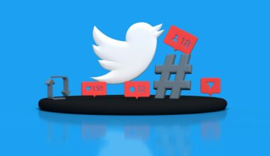 Twitter logo surrounded by social media icons including hashtags and notification bubbles.