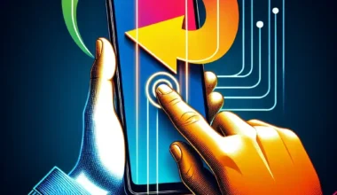 Illustration showing hands interacting with a smartphone displaying colorful arrows and digital elements.