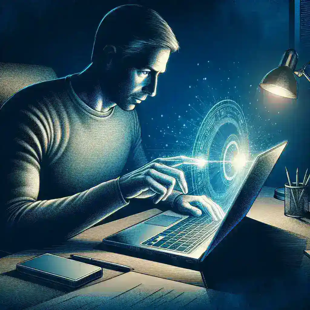 A man interacting with a laptop, displaying a digital interface with glowing elements.