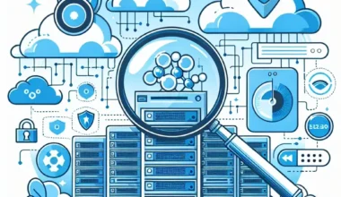 Illustration featuring a magnifying glass over data servers with cloud icons and technology symbols.