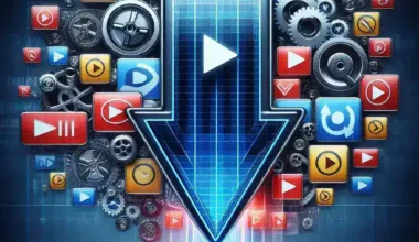 Graphic representation of a download icon surrounded by various multimedia symbols and gears.