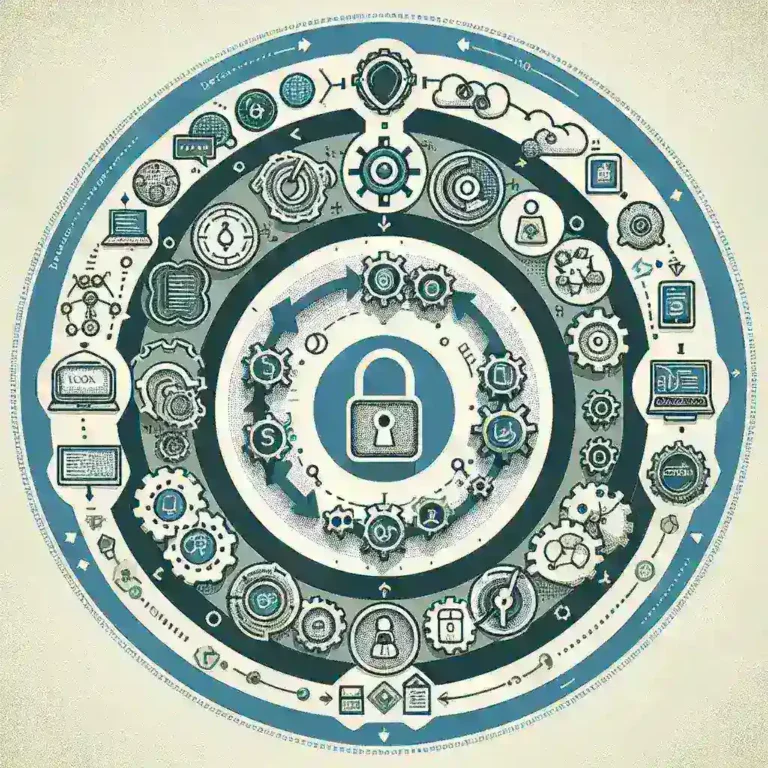 "Team collaborating on DevSecOps practices, showcasing security integration throughout the software development lifecycle with visual tools, code review, and automated testing."