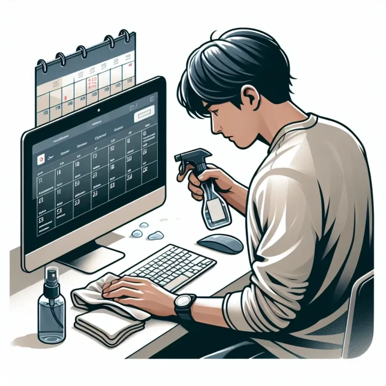 "Close-up of a person cleaning a computer monitor and keyboard with a microfiber cloth, emphasizing the importance of regular maintenance for a hygienic workspace."