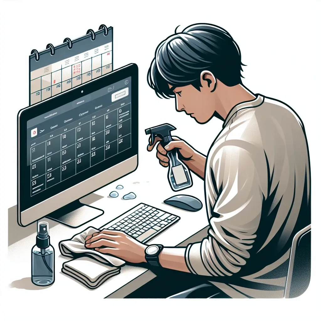 "Close-up of a person cleaning a computer monitor and keyboard with a microfiber cloth, emphasizing the importance of regular maintenance for a hygienic workspace."