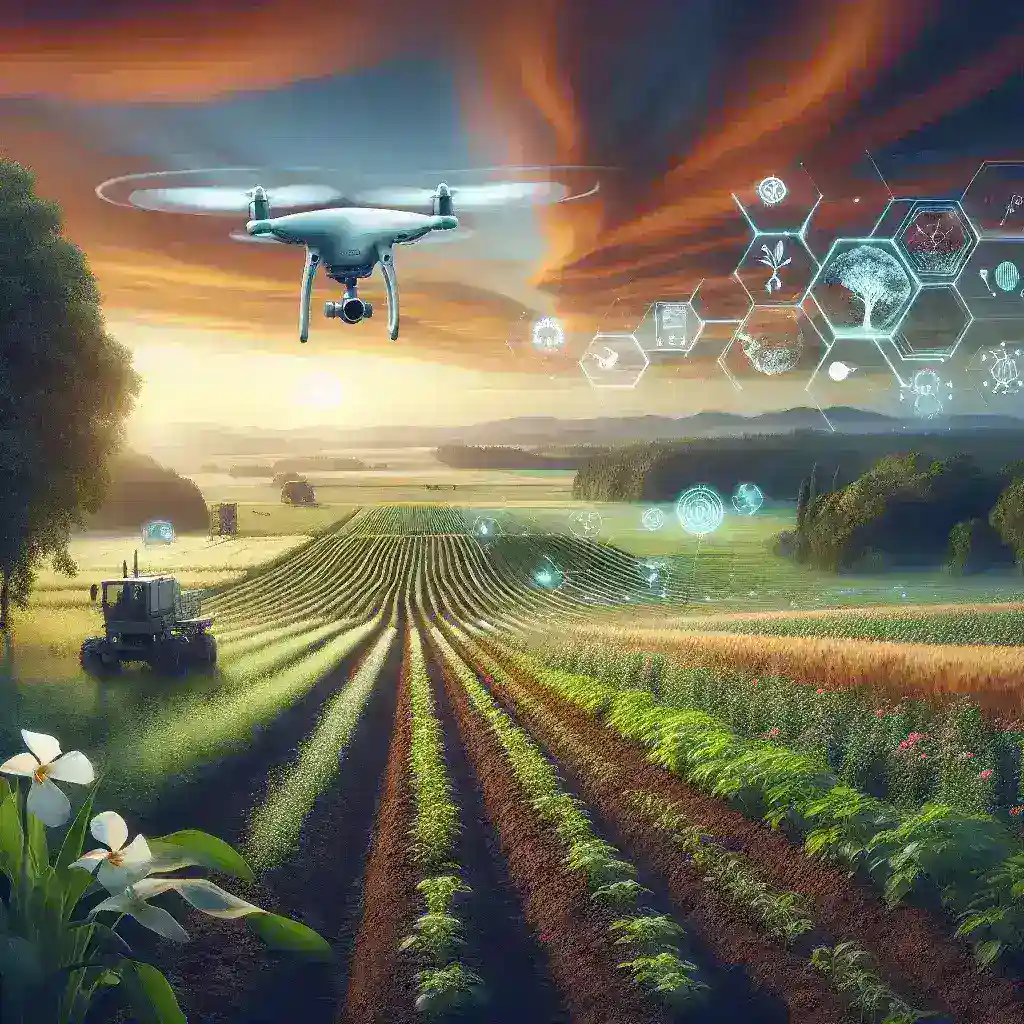 "U.S. Department of Agriculture pilot project showcasing an AI-powered soil monitoring drone flying over a farmland, enhancing agricultural practices through advanced technology."